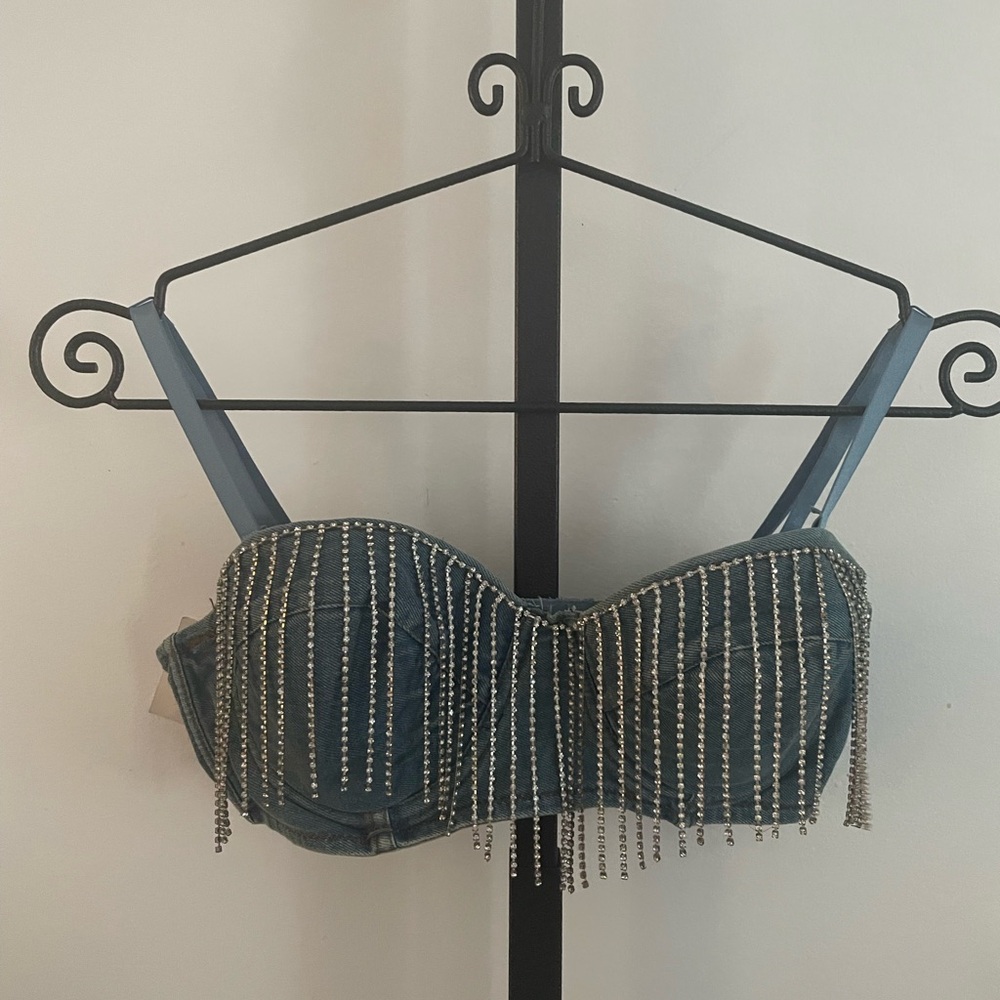 Denim Crop Top with Silver Beading